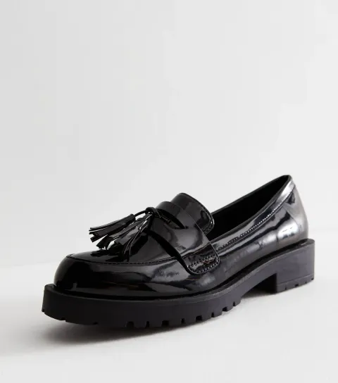Women's Black Patent Tassel Chunky Loafers Vegan
