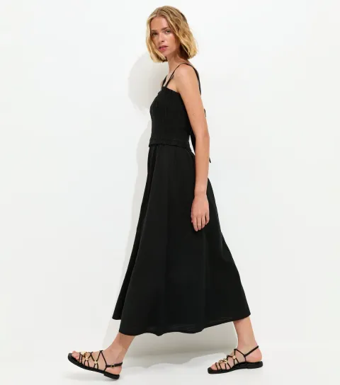 Women's Black Cotton Shirred Bow Strap Midi Dress