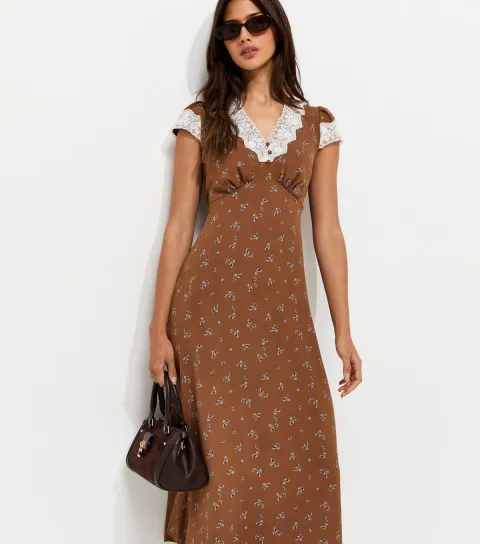 Women's Brown Ditsy Print Lace Trim Midi Tea Dress