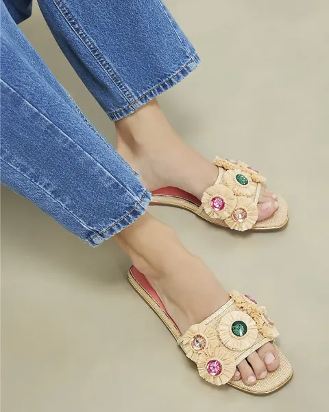 River Island Flower Raffia Flat Sandals