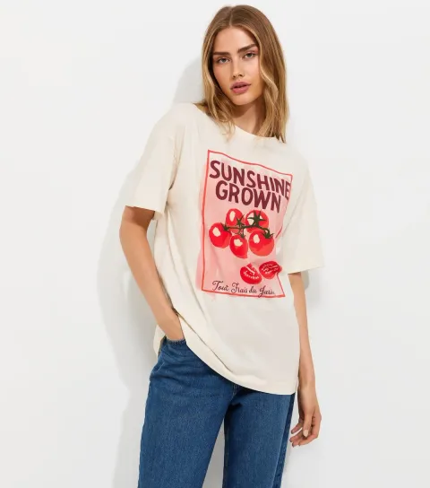 Women's Off White Cotton Tomatoes Print Oversized T-Shirt