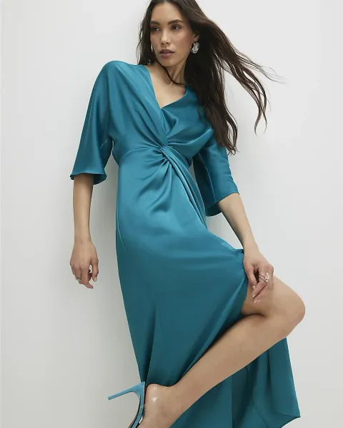 River Island Long Sleeve Twist Front Midi Dress