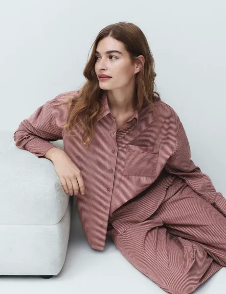 Marks & Spencer Pure Cotton Poplin Striped Pyjama Shirt Burgundy