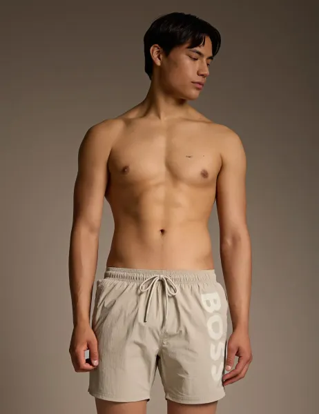 Boss Octopus Swim Shorts with Vertical Logo Print Beige