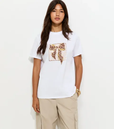 Women's White Cotton Leopard Print Bow Relaxed T-Shirt