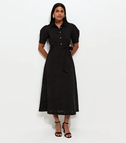 New Look Women's Black Broderie Shirt Midi Dress