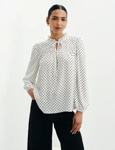 Finery London Polka Dot Shirred Tie Neck Blouse Ivory Mix