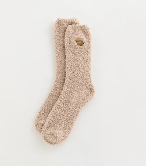 New Look Oatmeal Fluffy Embroidered Cow Ankle Socks