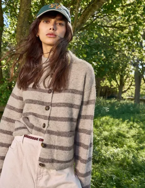 White Stuff Striped Funnel Neck Cardigan Natural Mix