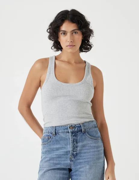 HUSH Cotton Rich Ribbed Scoop Neck Vest Top Grey Marl