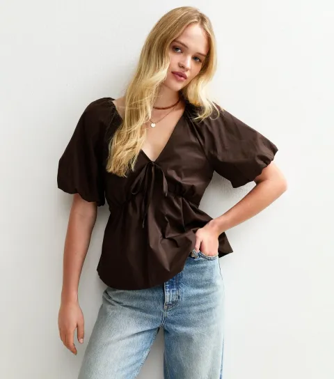 New Look Women's Dark Brown Poplin V-Neck Tea Top