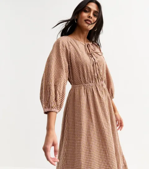 New Look Women's Khaki Checked Midi Smock Dress