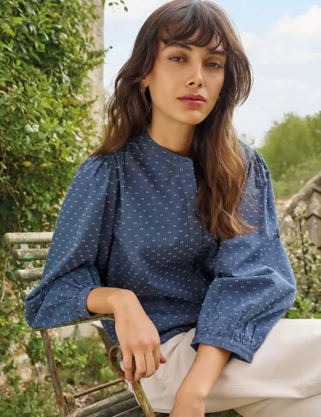 White Stuff Patterned Crew Neck Cotton Top Blue Mix