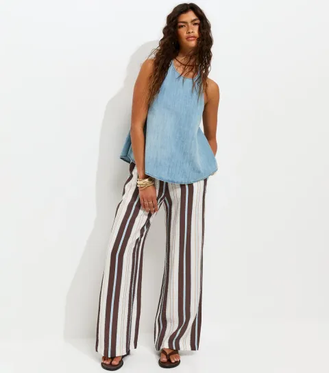 Women's Blue Crinkle Texture Striped Wide Leg Trousers