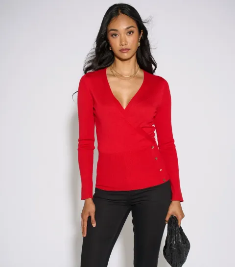Women's Bright Red Knitted Gold Button Top