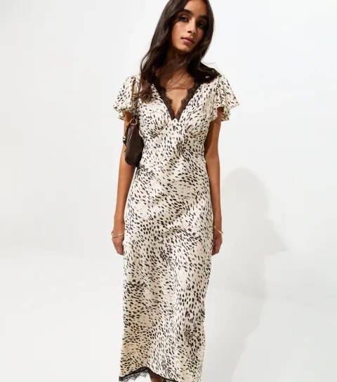 Women's Cream Satin Animal Print Flutter Sleeve Midi Dress