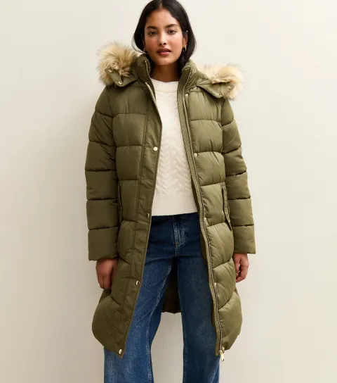 New Look Women's Khaki Faux Fur Hood Longline Puffer Coat