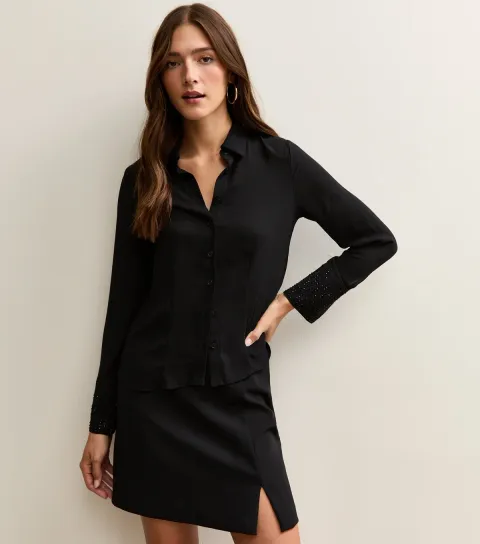 Women's Black Sequin Cuff Long Sleeve Shirt
