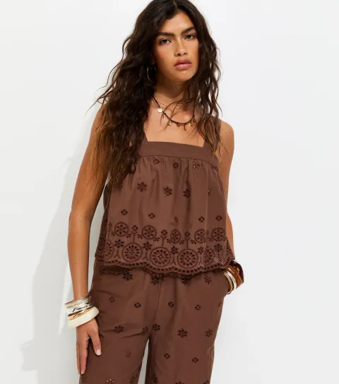 Women's Dark Brown Cotton Broderie Embroidered Scalloped Hem Cami Top