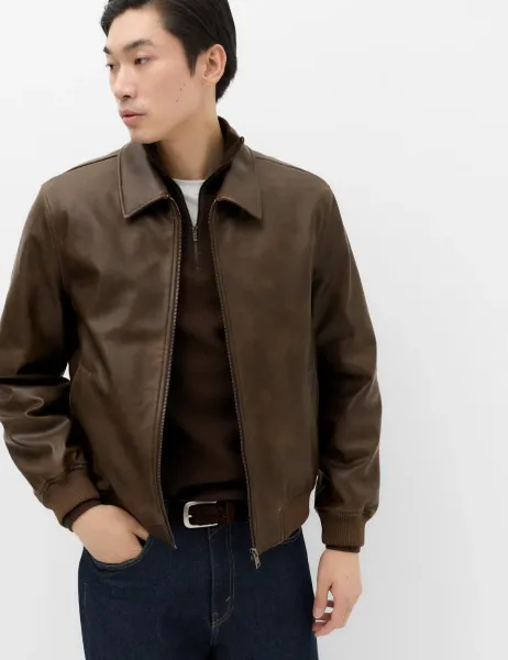 Marks & Spencer Faux Leather Harrington Jacket Brown Mix