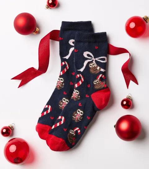 New Look Navy Cotton Rich Christmas Sloth Candy Cane Patterned Ankle Socks