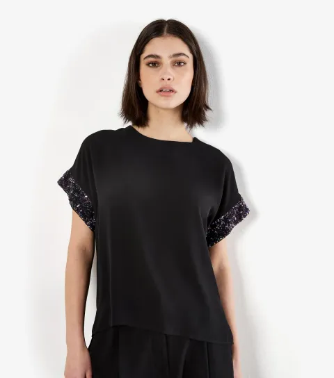 Women's Black Swirly Sequin Chiffon Top