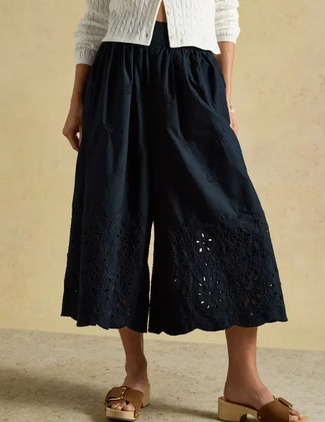 Joules Pure Cotton Broderie Wide Leg Trousers Navy