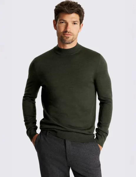 Moss Merino Wool Rich Roll Neck Jumper Khaki