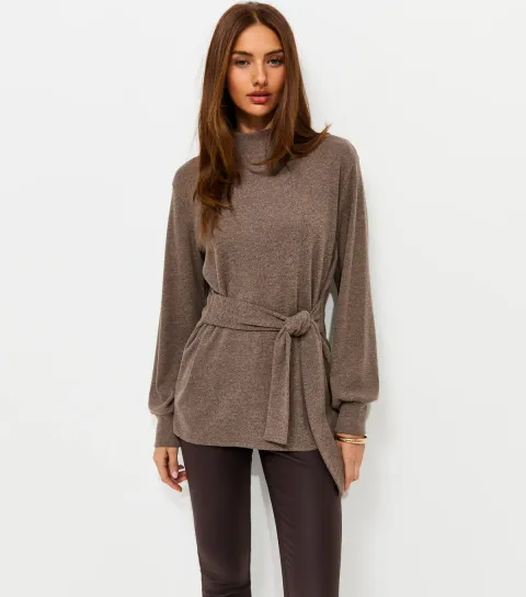 New Look Women's Mink Soft Touch Belted High Neck Long Sleeve Knit Top