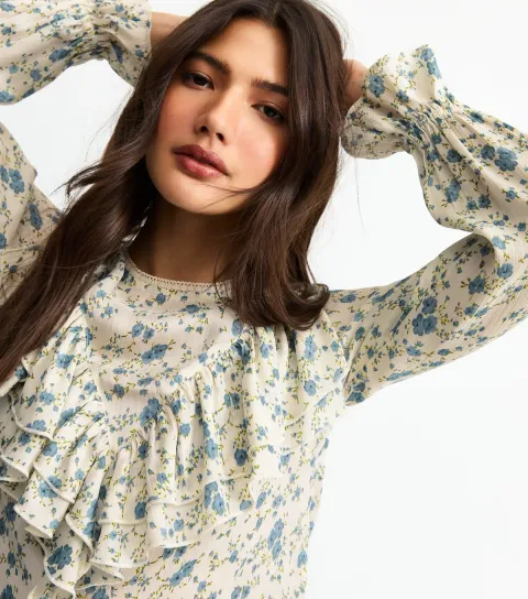 New Look Women's White Floral Print Frill Yoke Shirt