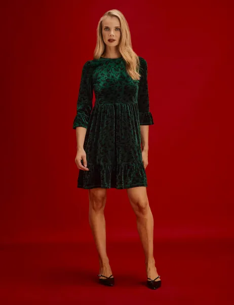 Finery London Velvet Animal Print Knee Length Skater Dress Green Mix