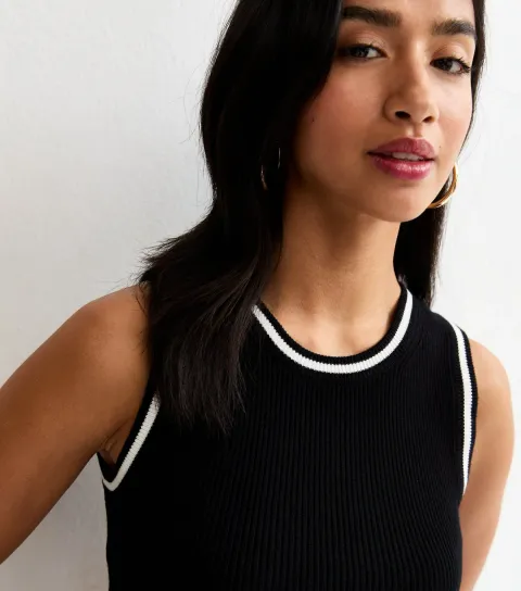 Women's Petite Black Contrast Tipping Ribbed Vest