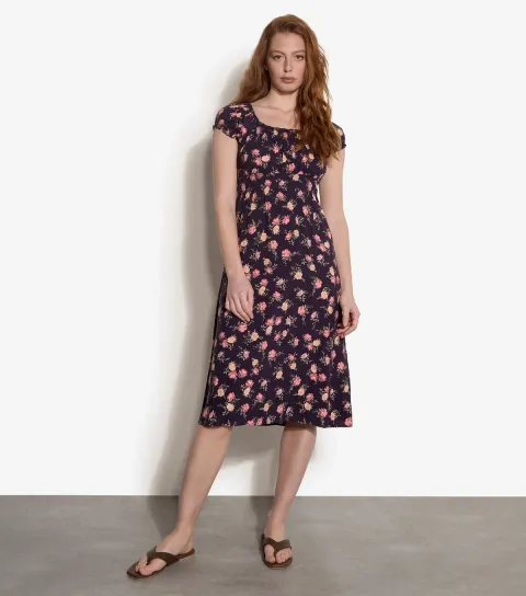 Women's Purple Floral Cap Sleeve Milkmaid Midi Dress