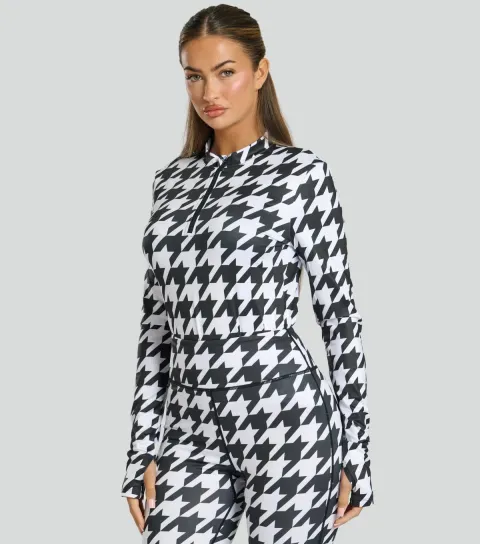 Women's Black Checked Half Zip Base Layer Top
