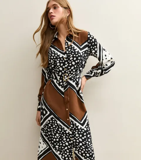 Women's Black Patchwork Print Midi Shirt Dress