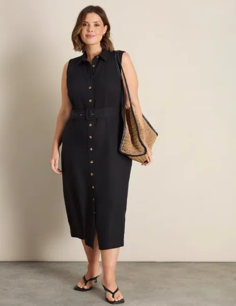 Live Unlimited London Linen Blend Belted Midaxi Shirt Dress Black