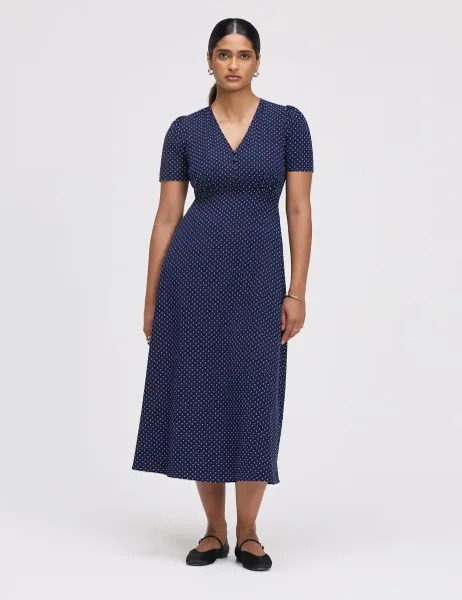 Finery London Polka Dot V-Neck Midi Tea Dress Navy Mix