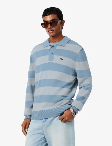 Lacoste Pure Cotton Striped Knitted Polo Shirt Blue Mix