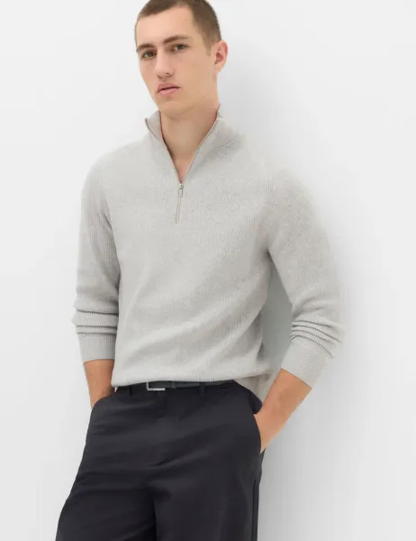 Marks & Spencer Cotton Blend Ribbed Half Zip Jumper Grey Marl