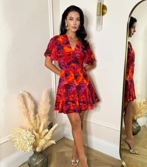 AX Paris Women's Orange Abstract Print Wrap Skater Mini Dress