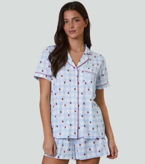 Women's Blue Checked Strawberry Print Pyjama Set