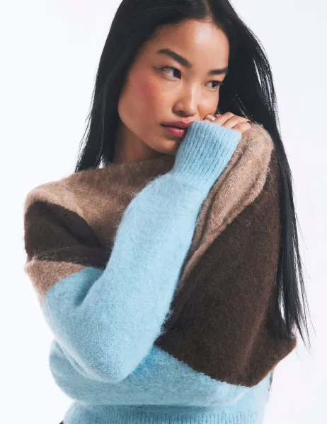 River Island Colour Block Slash Neck Batwing Sleeve Jumper Brown Mix