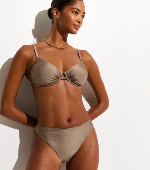 Women's Light Brown Plain High Leg Hipster Bikini Bottoms
