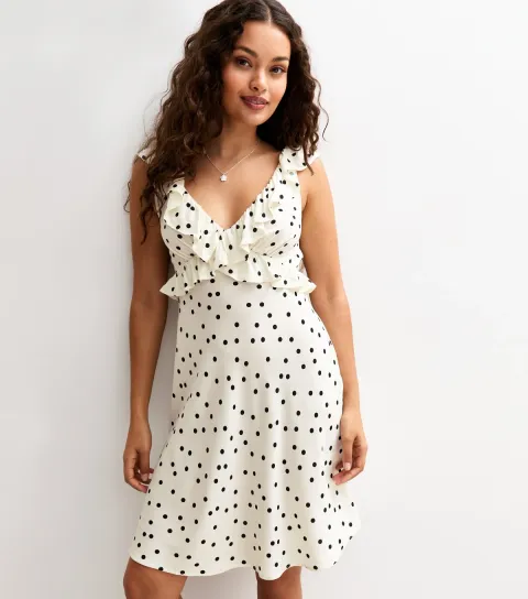 Women's Petite White Spot Print Ruffle Mini Dress