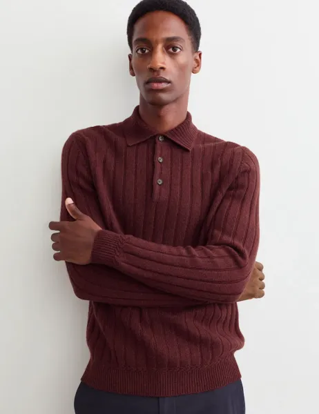 Jaeger Cashmere Rich Textured Polo Shirt Dark Burgundy