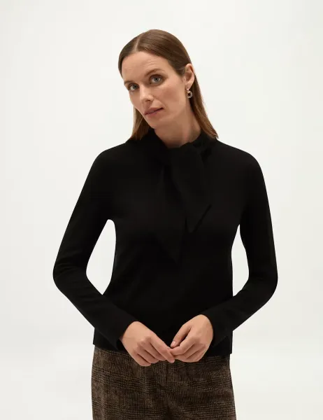 Hobbs Merino Wool Rich Tie Neck Jumper with Cashmere Black