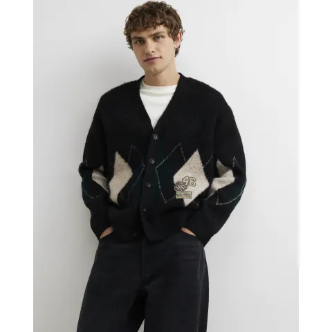 River Island Boxy Fit Argyle Print Cardigan