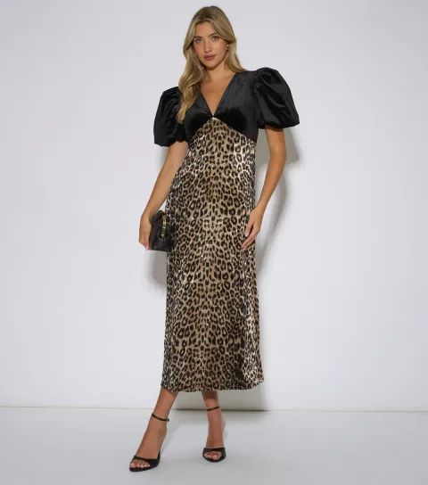 Gini London Women's Black Leopard Print Puff Sleeve Midi Dress