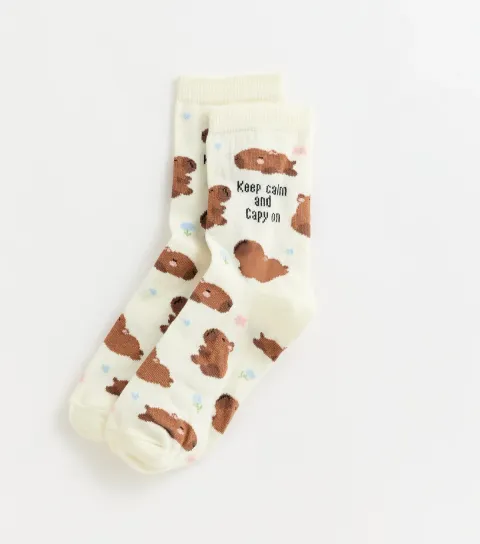 Cream Keep Calm and Capy On Ankle Socks