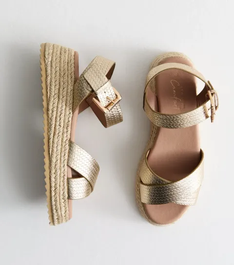 Women's Gold Crossover Strap Faux Leather Flatform Sandals Vegan